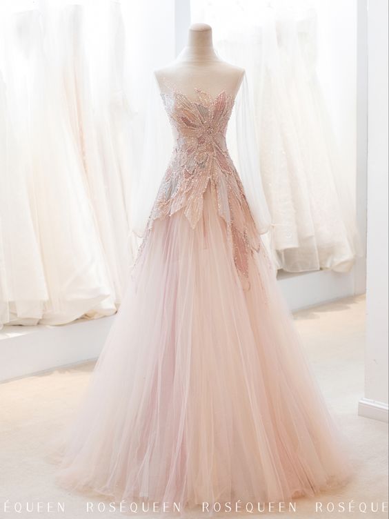 Pink StraplessTulle Ball Gown Beaded Shiny Classy Prom Dress Pink Sweet 16 Dress