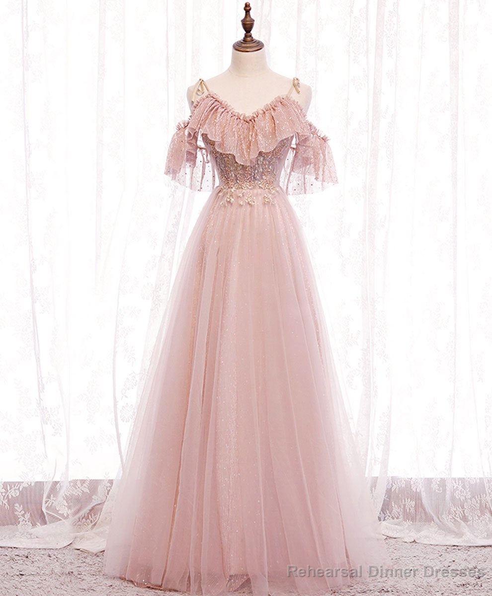 Pink Straps Lace Top Tulle Off Shoulder Party Dresses, Pink A-line Formal Dresses Main image