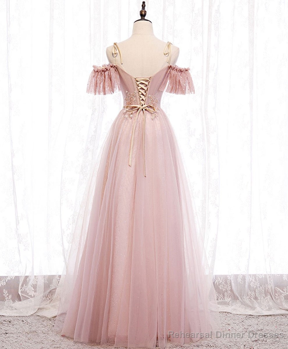 Pink Straps Lace Top Tulle Off Shoulder Party Dresses, Pink A-line Formal Dresses Secondary image