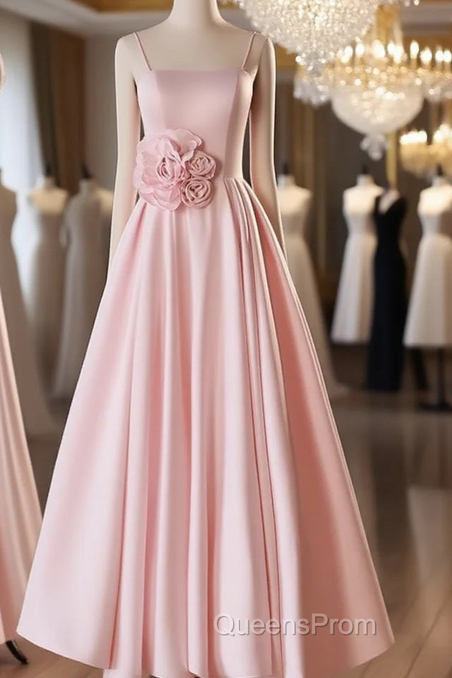 Pink Straps Sweetheart Long Satin Wedding Party Dress, Pink Formal Dress Evening Prom Dress Main image