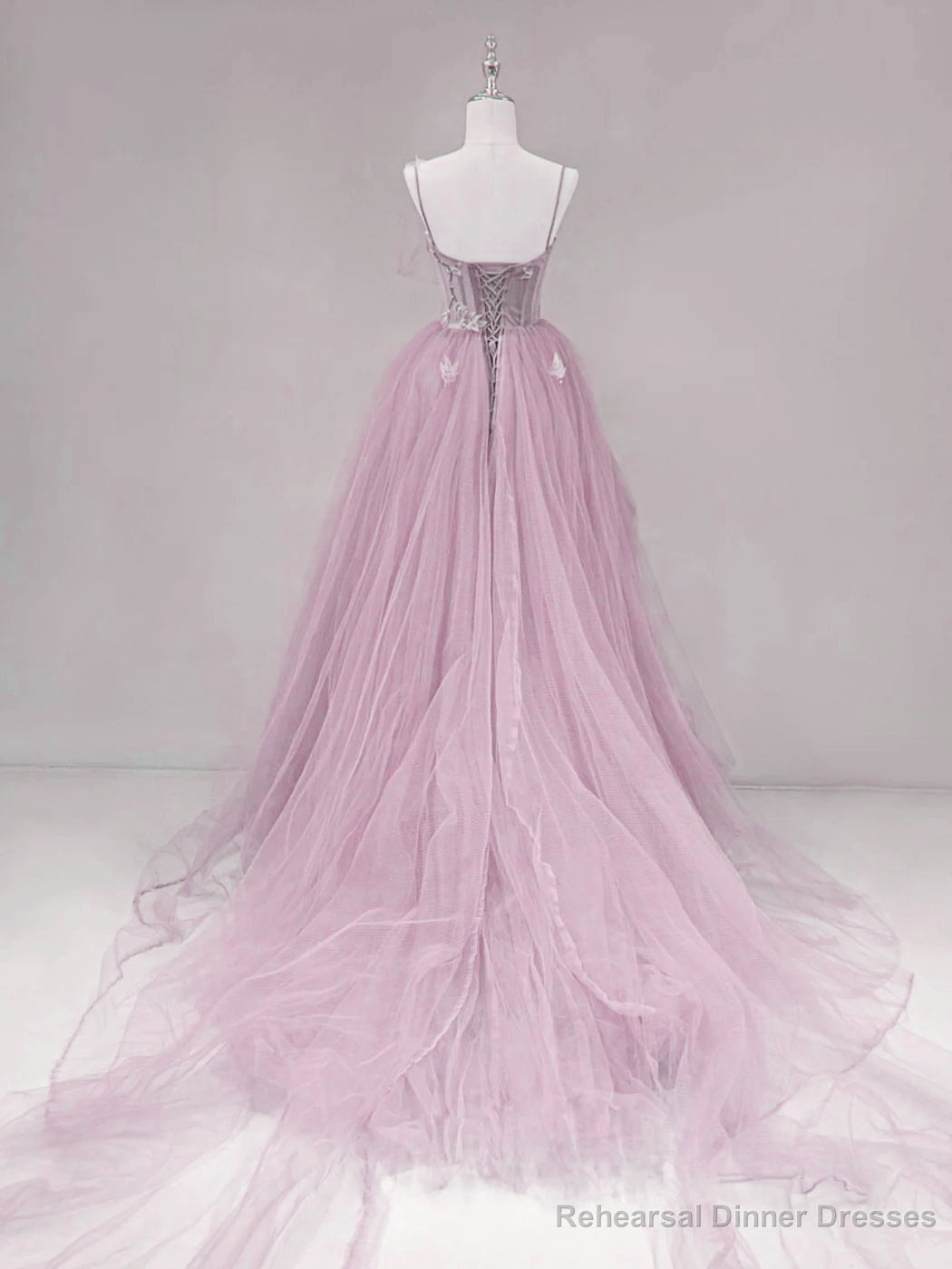 Pink Straps Tulle Chic Long Party Dress Formal Dress, Pink A-line Prom Dress Secondary image