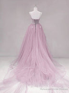 Pink Straps Tulle Chic Long Party Dress Formal Dress, Pink A-line Prom Dress
