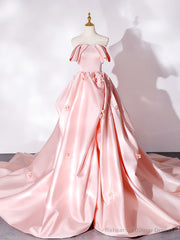 Pink Sweep Train Satin Long Prom Dress, Pink Formal Evening Dresses