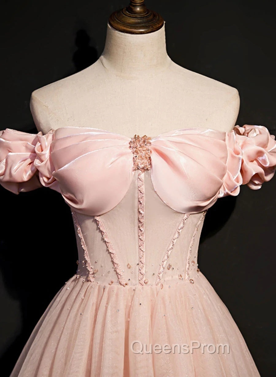 Pink Sweetheart Beaded Tulle Long Evening Prom Dress, A-Line Pink Evening Dress Secondary image