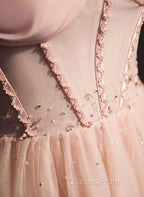 Pink Sweetheart Beaded Tulle Long Evening Prom Dress, A-Line Pink Evening Dress