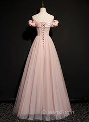 Pink Sweetheart Beaded Tulle Long Evening Prom Dress, A-Line Pink Evening Dress