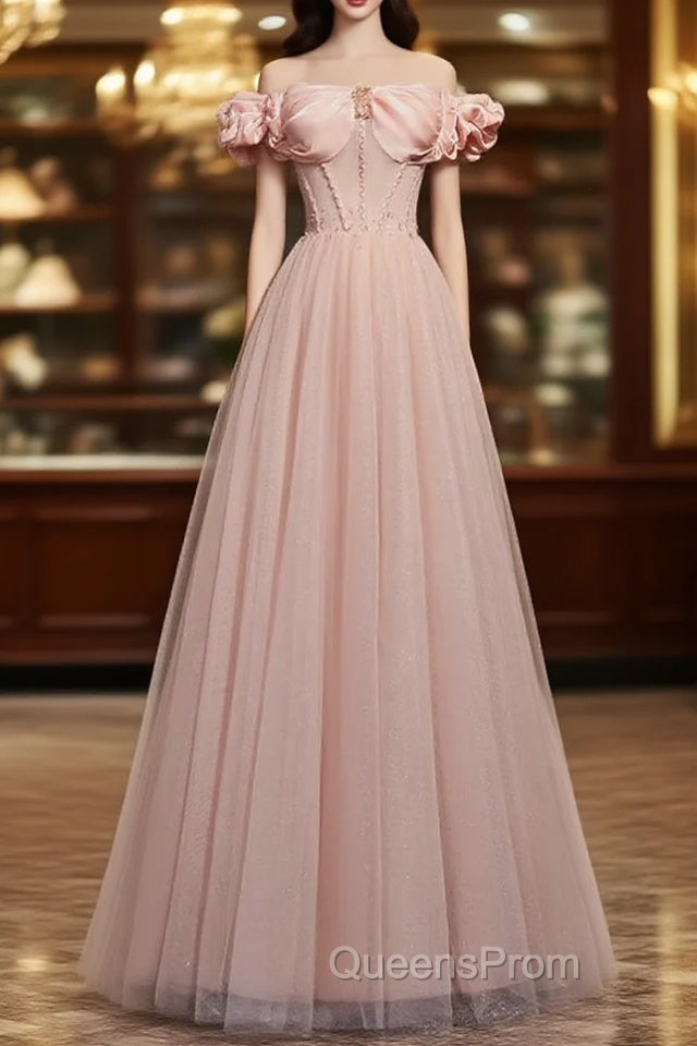 Pink Sweetheart Beaded Tulle Long Evening Prom Dress, A-Line Pink Evening Dress Main image
