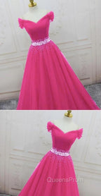 Pink Sweetheart Beaded Tulle Off Shoulder Long Evening Prom Dress, Pink Evening Dress
