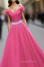 Pink Sweetheart Beaded Tulle Off Shoulder Long Evening Prom Dress, Pink Evening Dress