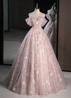 Pink Sweetheart Floral Lace And Tulle Classy Prom Dress, Pink Sweetheart Long Party Dress