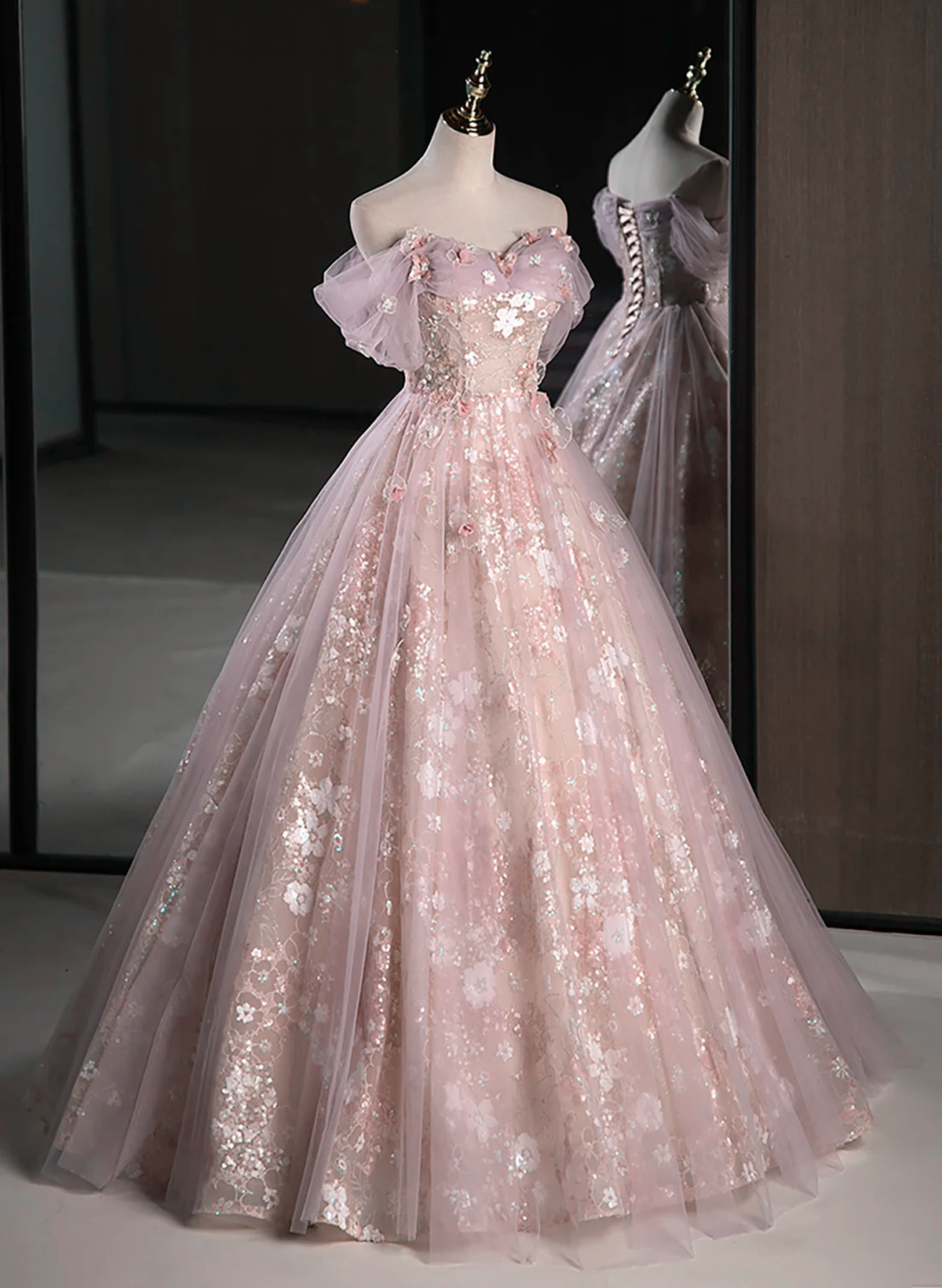 Pink Sweetheart Floral Lace And Tulle Classy Prom Dress, Pink Sweetheart Long Party Dress Secondary image