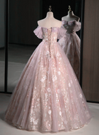 Pink Sweetheart Floral Lace And Tulle Classy Prom Dress, Pink Sweetheart Long Party Dress