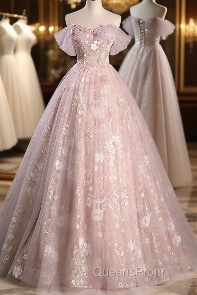 Pink Sweetheart Floral Lace And Tulle Evening Prom Dress, Pink Sweetheart Long Party Dress Main image