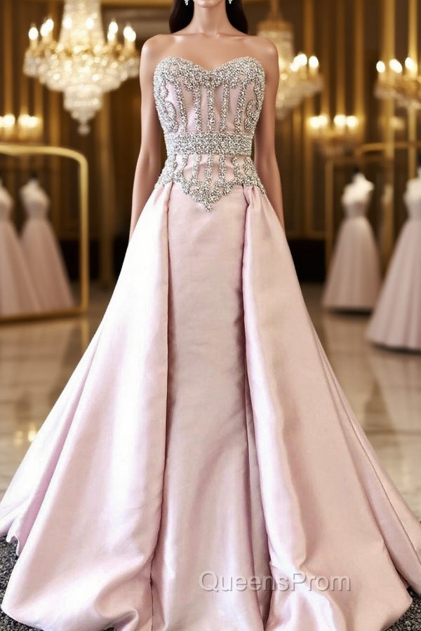 pink sweetheart neck beads long Evening Prom Dress, pink evening Dress Main image