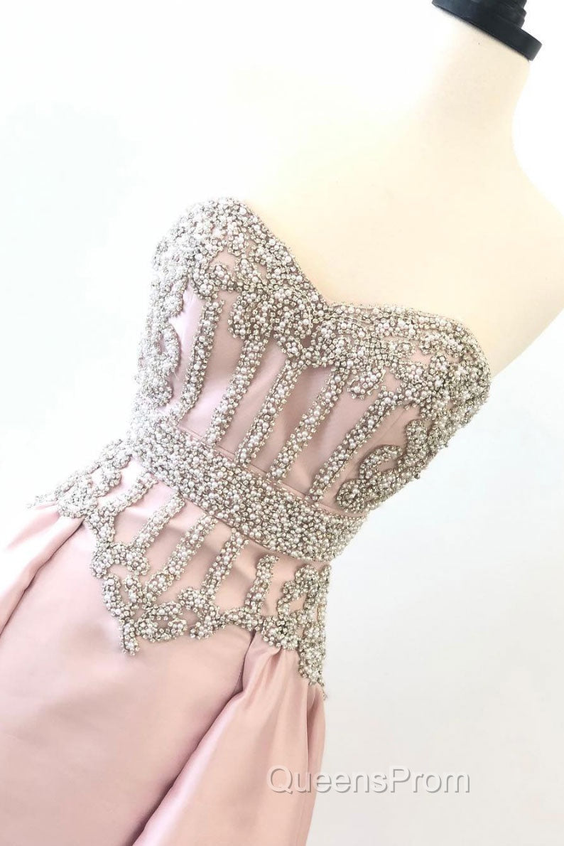 pink sweetheart neck beads long Evening Prom Dress, pink evening Dress