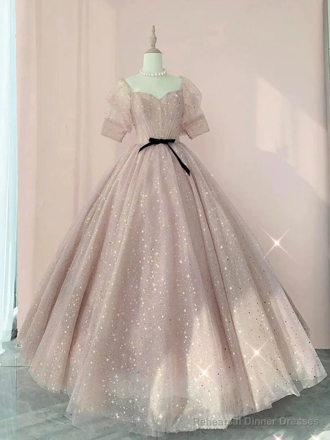 Pink Sweetheart-Neck Tulle Lace Half-Sleeve Prom Dresses, Pink Party Dress Main image