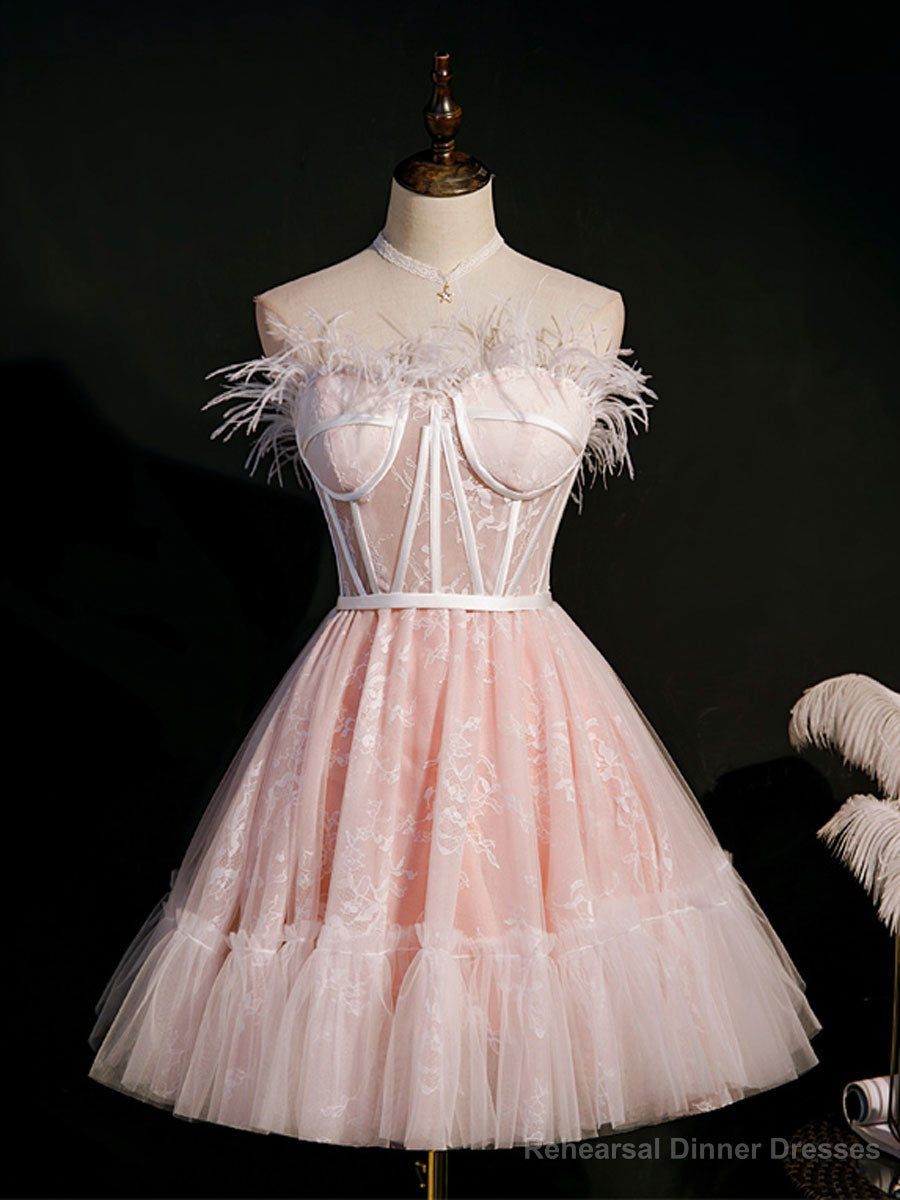 Pink Sweetheart Neck Tulle Lace Short Prom Dress, Puffy Pink Homecoming Dress Main image