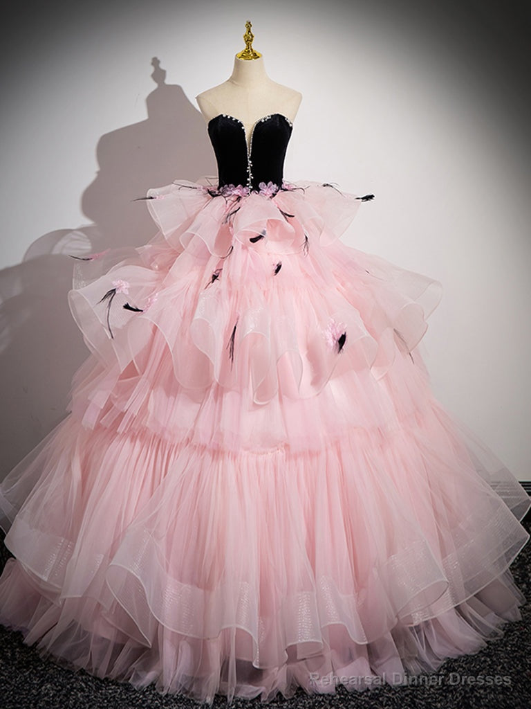 Pink Sweetheart Neck Tulle Long Prom Dress, Pink Long Prom Gown Main image