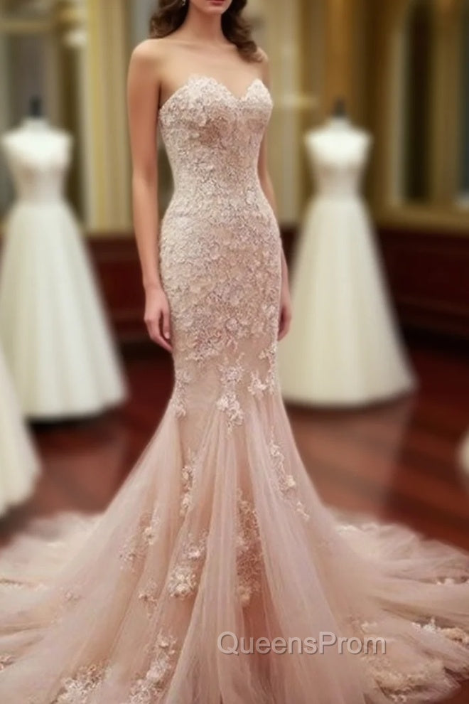 Pink Sweetheart Neck Tulle Mermaid Long Evening Prom Dress, Wedding Dress Main image