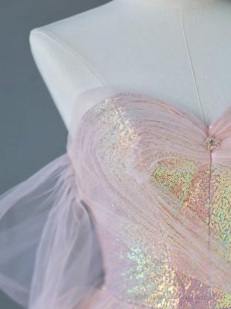 Pink Sweetheart Neck Tulle Sequin Long Prom Dress, Pink Long Graduation Dress Secondary image