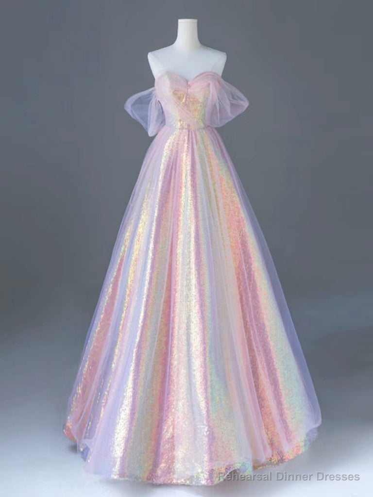 Pink Sweetheart Neck Tulle Sequin Long Prom Dress, Pink Long Graduation Dress Main image