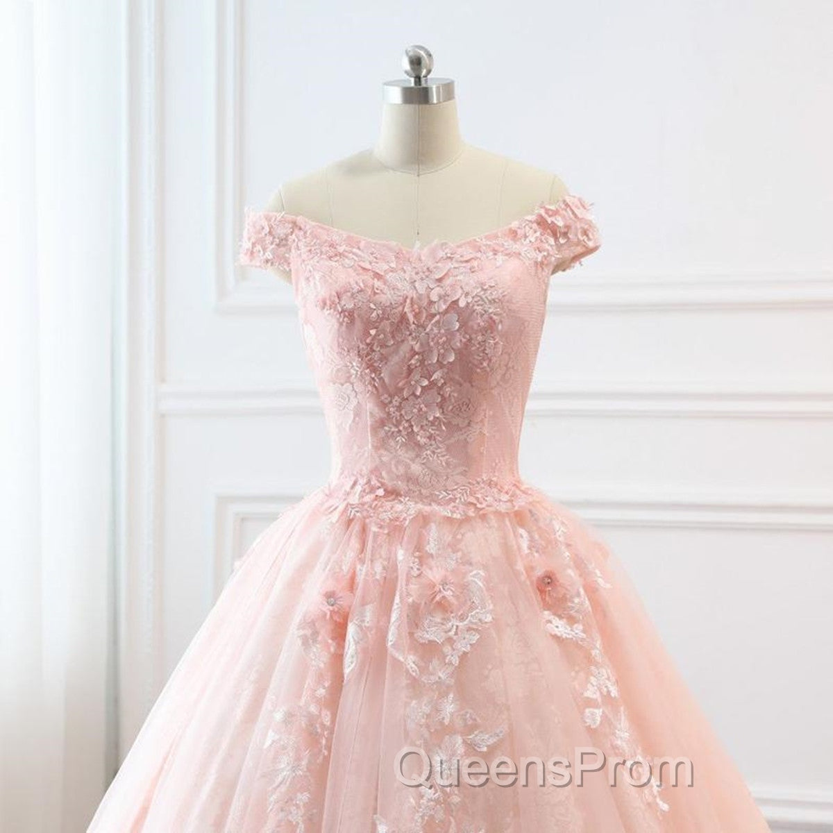 Pink Sweetheart Off Shoulder With Lace Long Sweet 16 Dress, Pink Formal Dress Secondary image