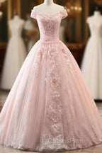 Pink Sweetheart Off Shoulder With Lace Long Sweet 16 Dress, Pink Formal Dress