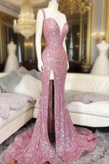 Pink Sweetheart Sequin Mermaid Long Evening Prom Dress Pink Evening Dress
