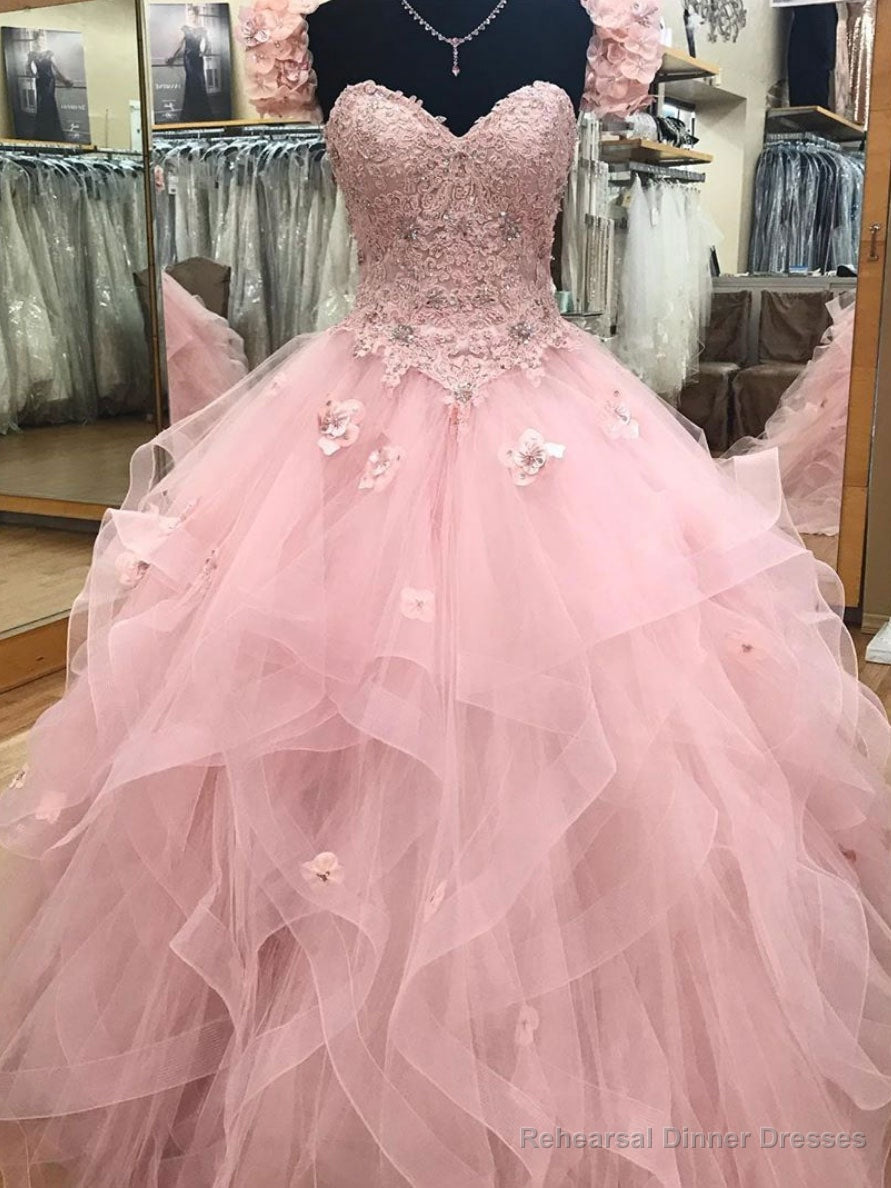 Pink Sweetheart Tulle Long Prom Dress,Ball Gown sweet 16 dresses,Princess Quinceanera Dresses Main image