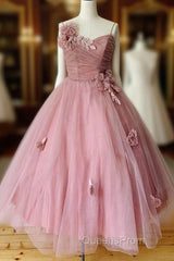 Pink Sweetheart Tulle Tea Length Evening Prom Dress Bridesmaid Dress