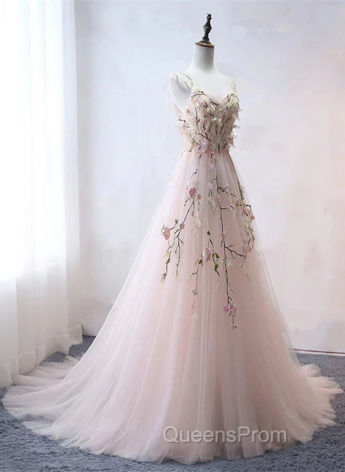 Pink Sweetheart Tulle With Lace Flowers Long Evening Dress, Pink Tulle Evening Prom Dress Secondary image