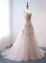 Pink Sweetheart Tulle With Lace Flowers Long Evening Dress, Pink Tulle Evening Prom Dress