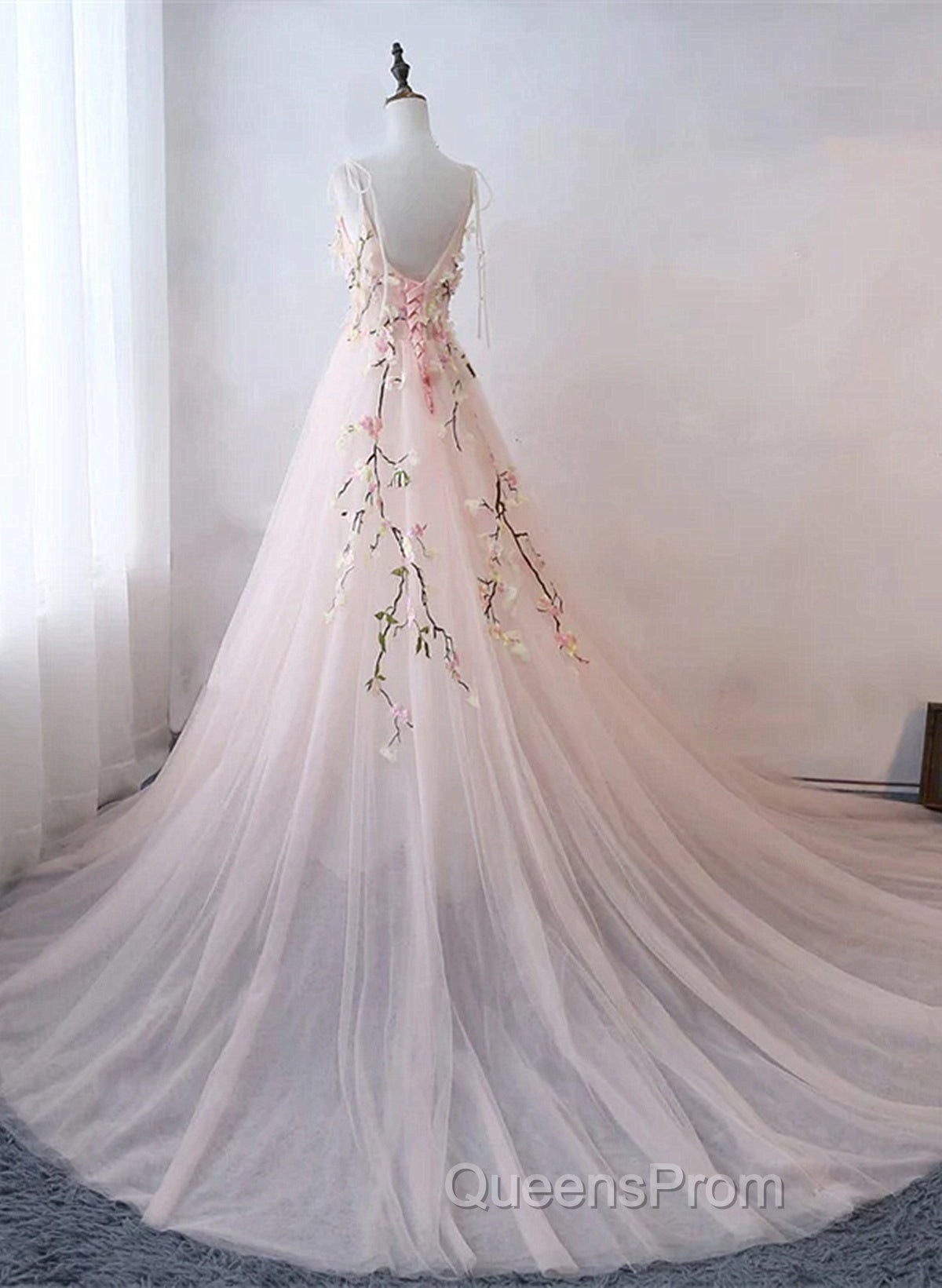 Pink Sweetheart Tulle With Lace Flowers Long Evening Dress, Pink Tulle Evening Prom Dress