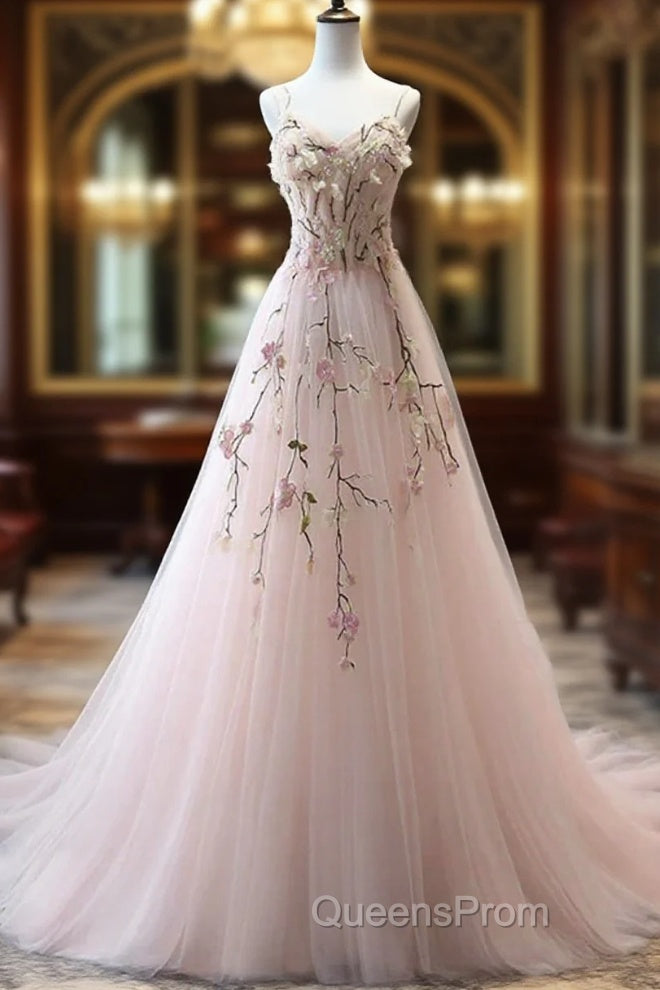 Pink Sweetheart Tulle With Lace Flowers Long Evening Dress, Pink Tulle Evening Prom Dress Main image