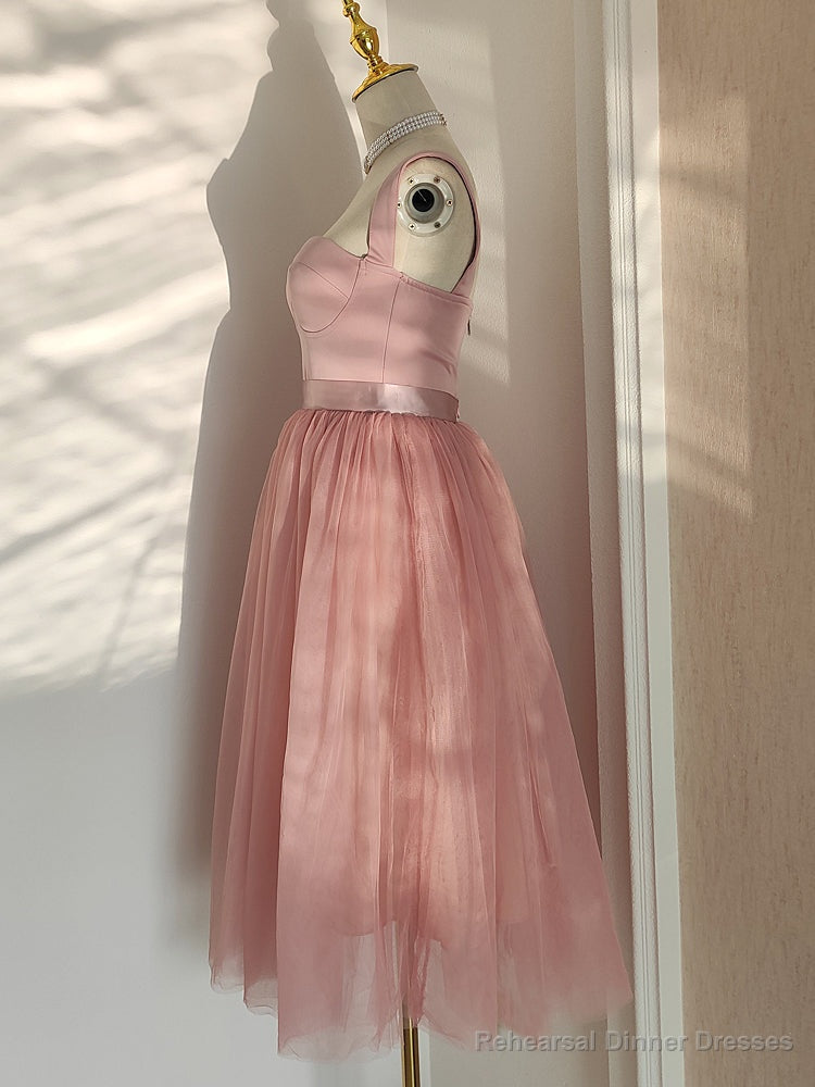 Pink Tea Length Sweetheart Tulle Party Dresses, Pink Wedding Party Dresses Secondary image