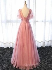 Pink Tulle A-Line Long Party Dress Bridesmaid Dress A Line Short Sleeves Floor Length Evening Prom Dress