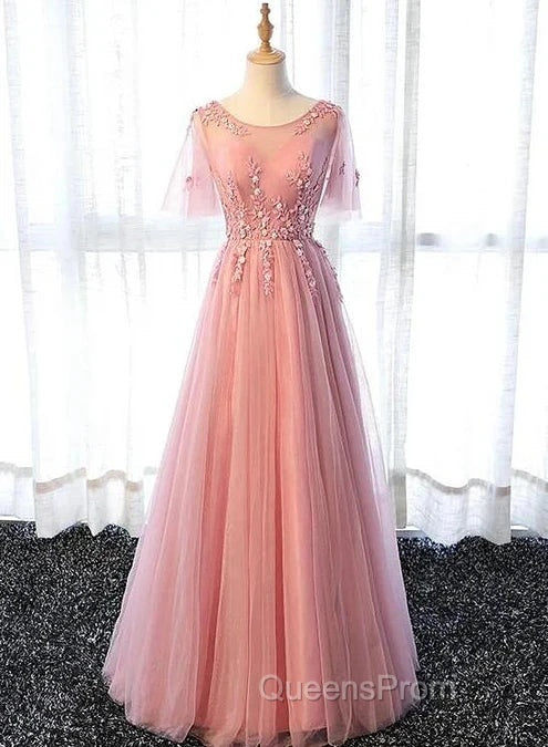 Pink Tulle A-Line Long Party Dress Bridesmaid Dress A Line Short Sleeves Floor Length Evening Prom Dress