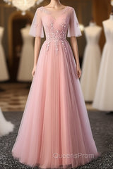 Pink Tulle A-Line Long Party Dress Bridesmaid Dress A Line Short Sleeves Floor Length Evening Prom Dress