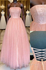 Pink tulle A-line long Evening Prom Dress tulle formal Dress