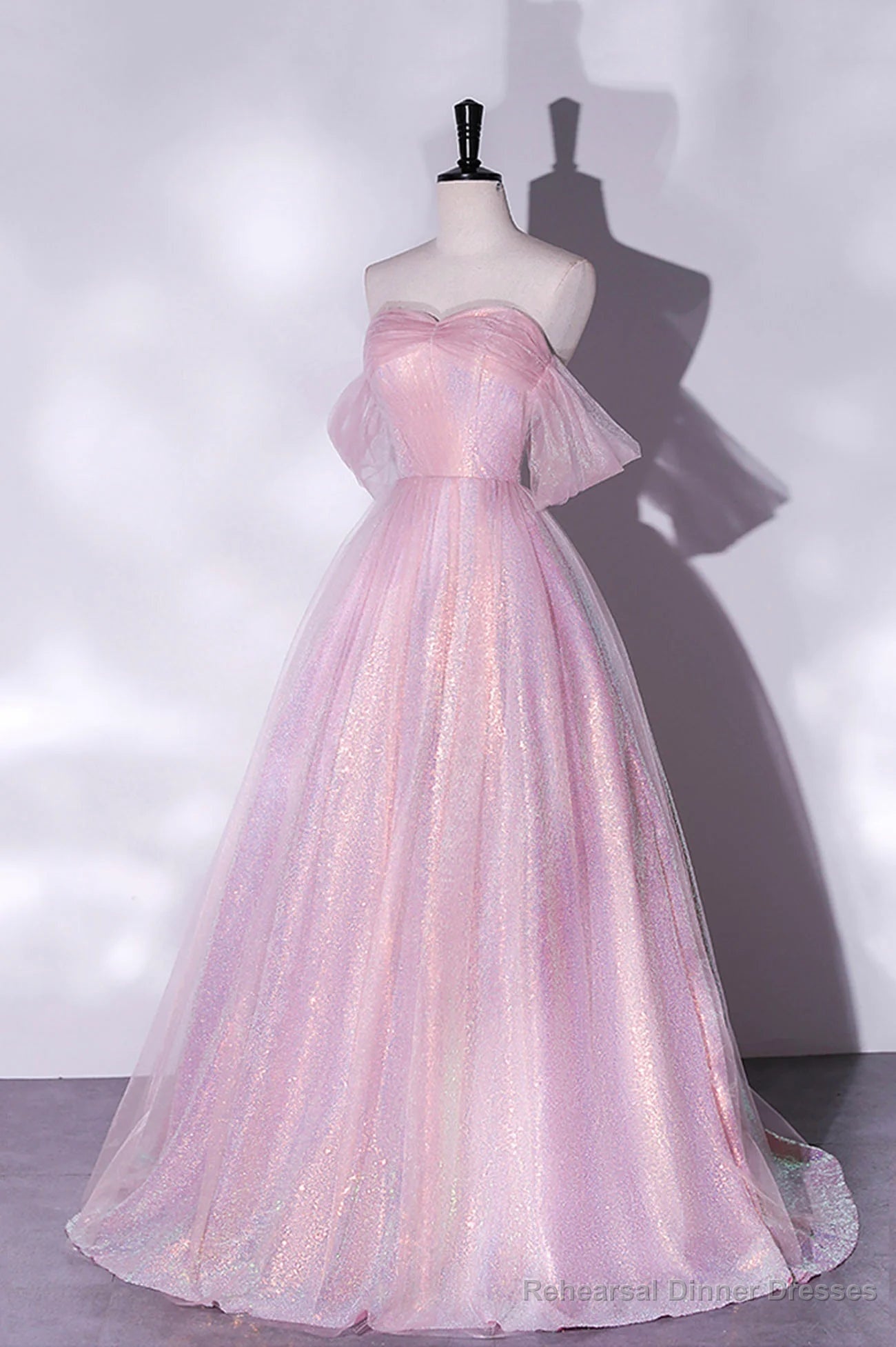 Pink Tulle and Sequins Sweetheart Long Party Dress, A-line Pink Prom Dress Main image