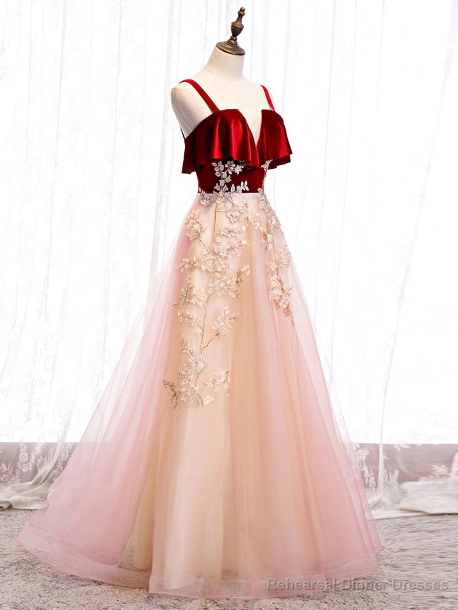 Pink Tulle and Velvet Long Lace Applique Straps Floor Length Party Dress, A-line Long Pink Prom Dress Main image