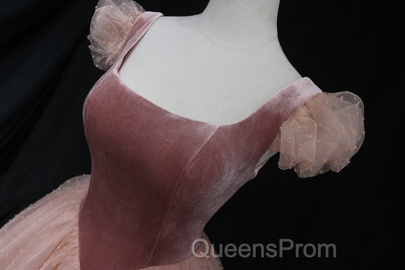 Pink Tulle And Velvet Short Sleeves Party Dress, Pink Tea Length Formal Dress