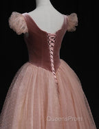 Pink Tulle And Velvet Short Sleeves Party Dress, Pink Tea Length Formal Dress