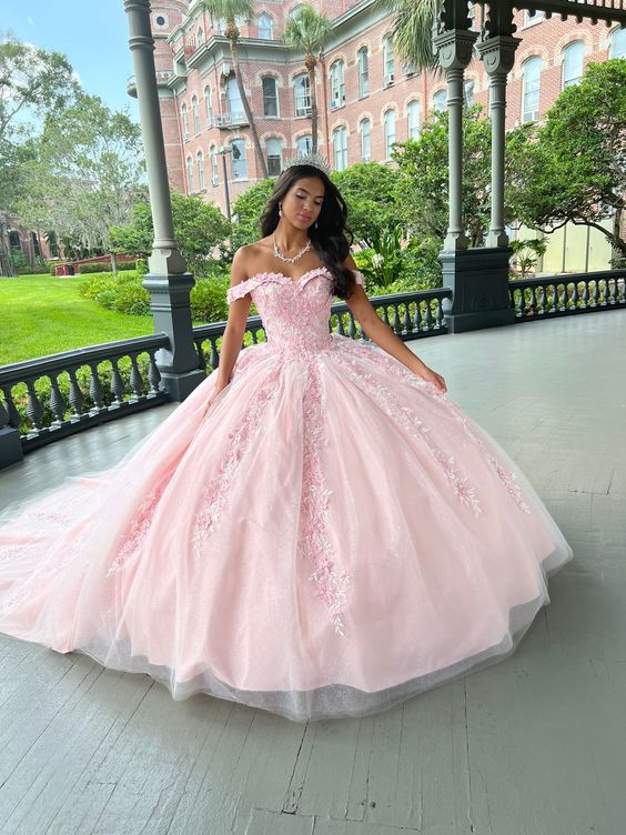 Pink Tulle Applique Long Classy Prom Dress Quinceanera Dress Ball Gown Main image