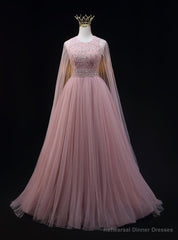 Pink Tulle Backless Beading Prom Dress