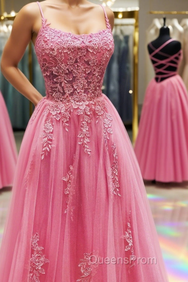 Pink Tulle Backless Lace Floral Long Evening Prom Dress, Pink Lace Formal Dress, Pink Evening Dress Main image