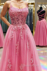 Pink Tulle Backless Lace Floral Long Evening Prom Dress, Pink Lace Formal Dress, Pink Evening Dress
