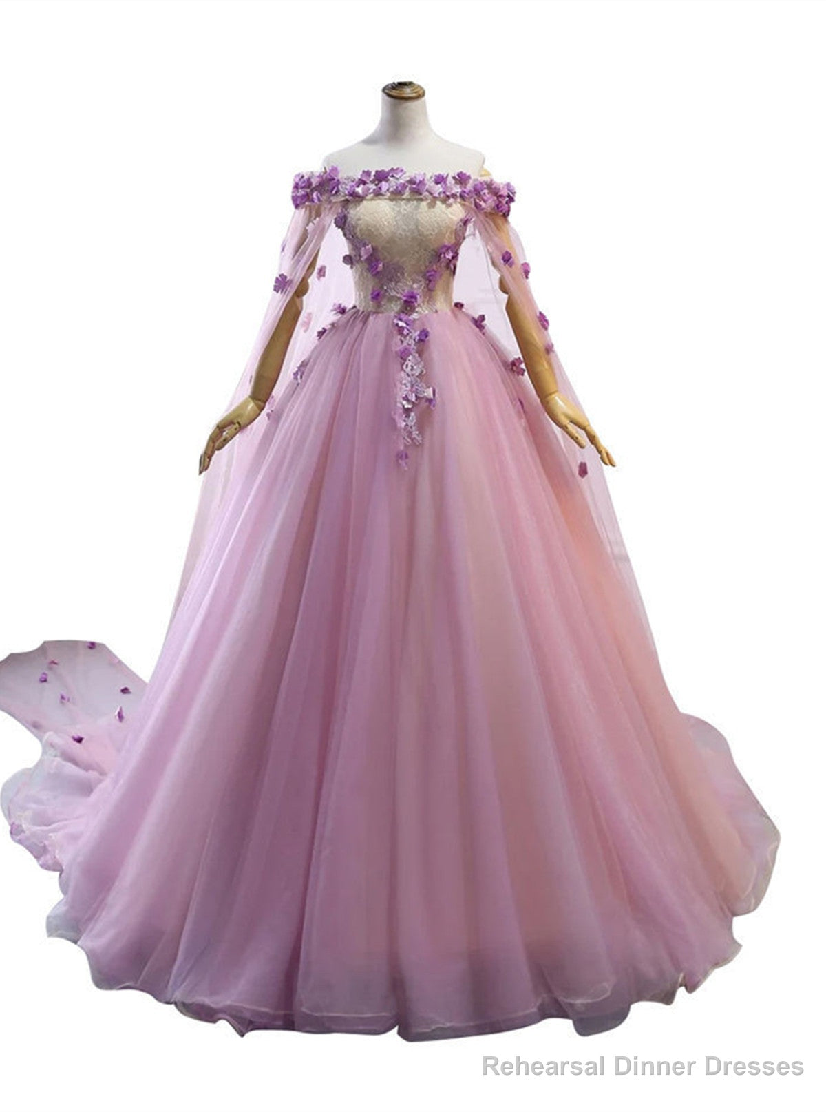 Pink Tulle Ball Gown Flowers Long Sweet 16 Dress, Pink Tulle Formal Dress Main image