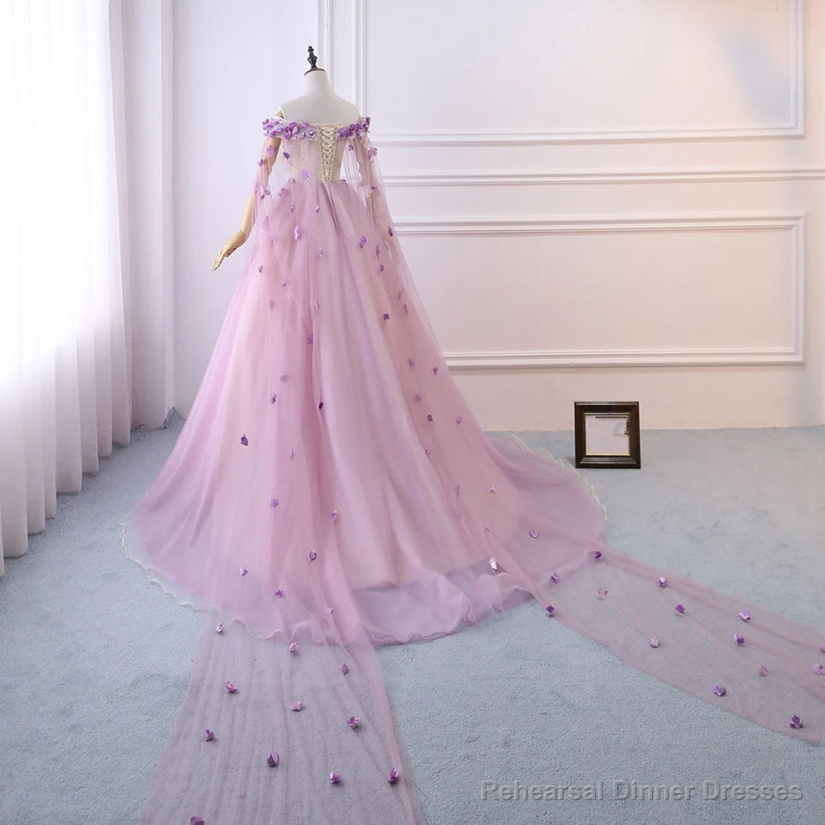 Pink Tulle Ball Gown Flowers Long Sweet 16 Dress, Pink Tulle Formal Dress Secondary image