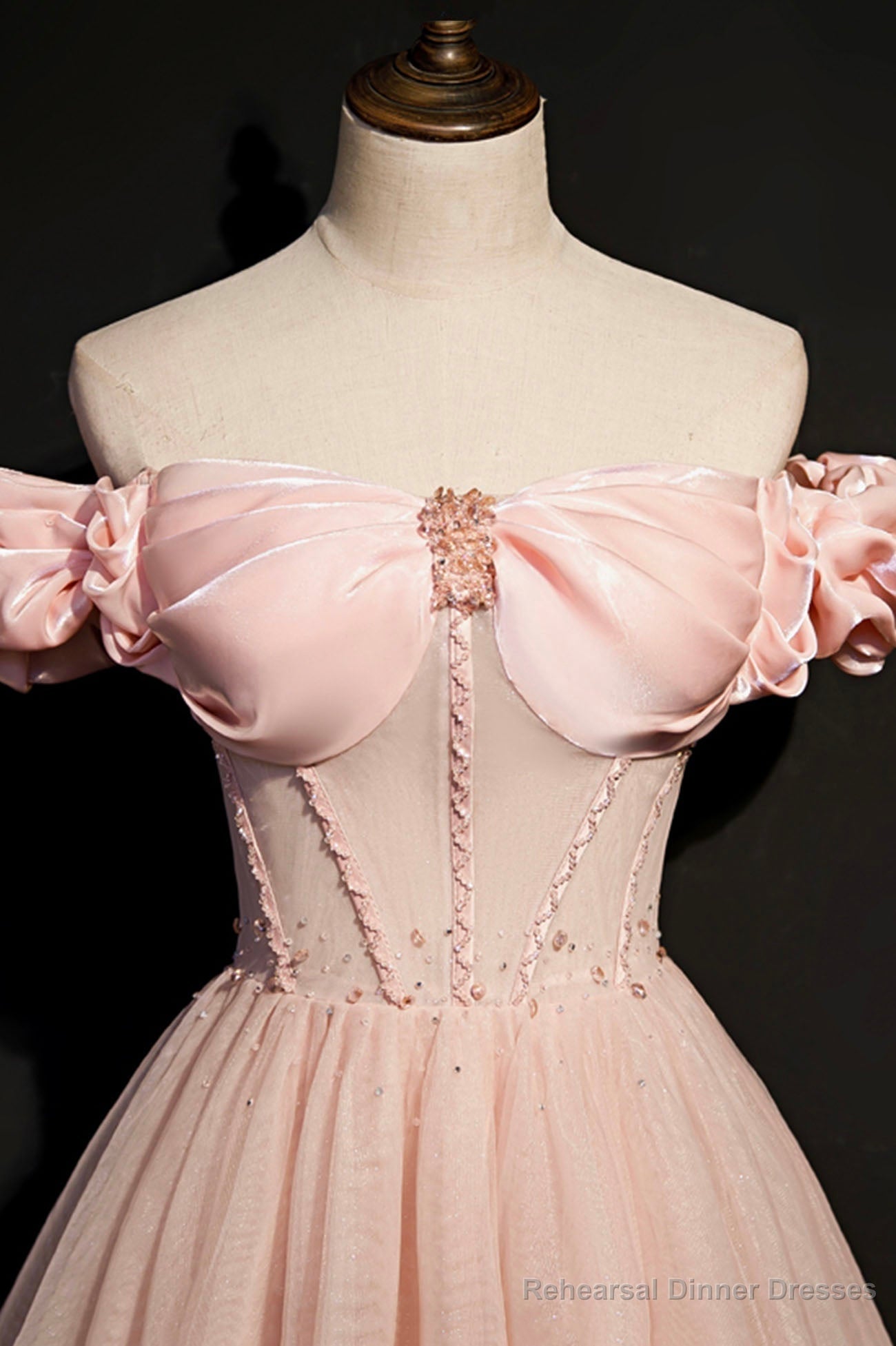 Pink Tulle Beaded Long A-Line Prom Dress, Pink Off the Shoulder Evening Dress Secondary image